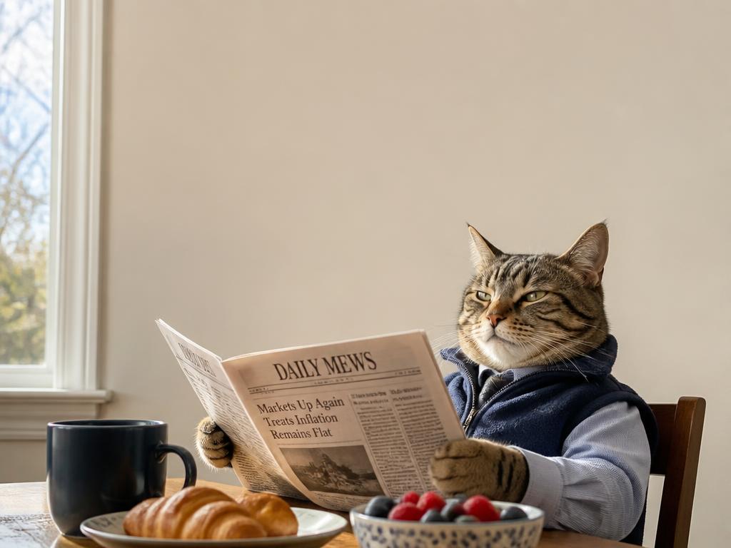 Smug cat in a fleece vest reading a newspaper