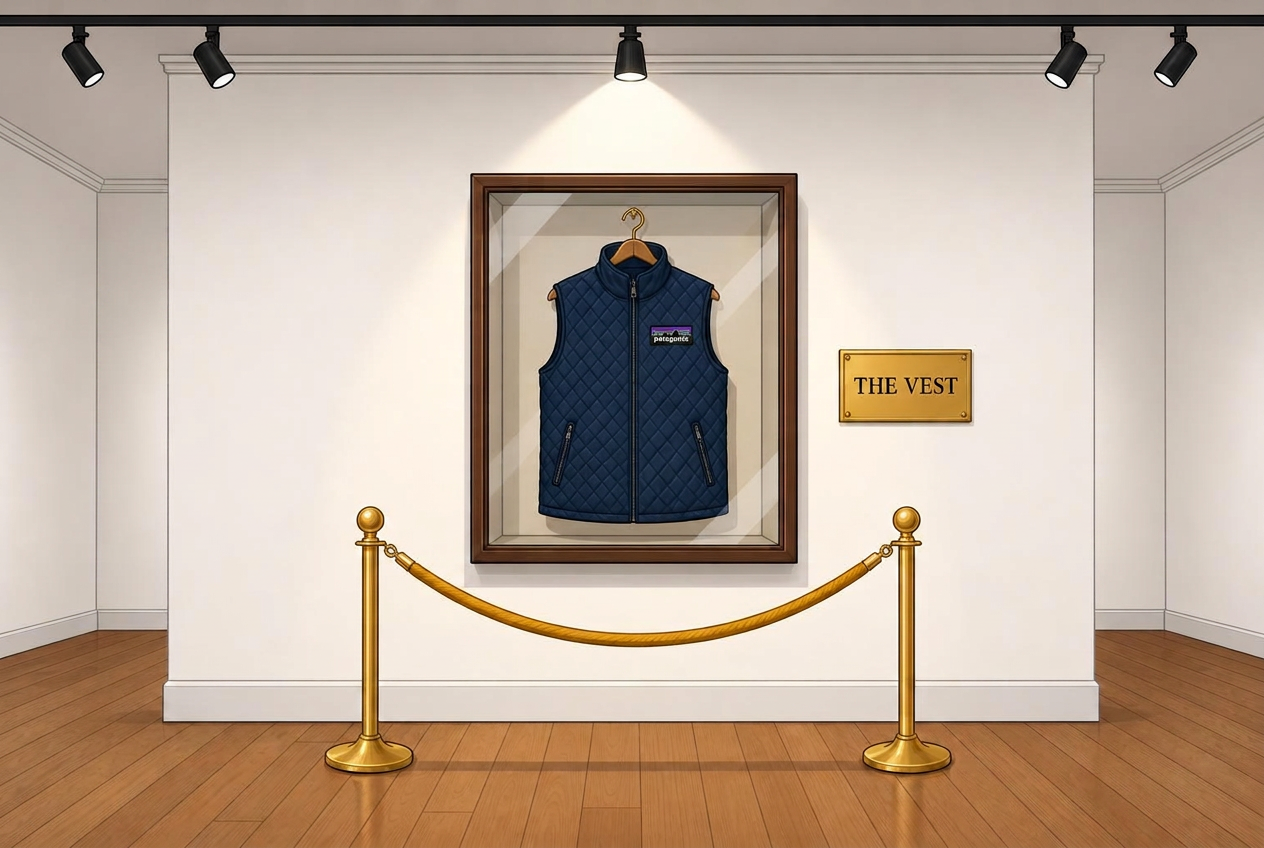 Museum gallery with a single fleece vest behind a rope