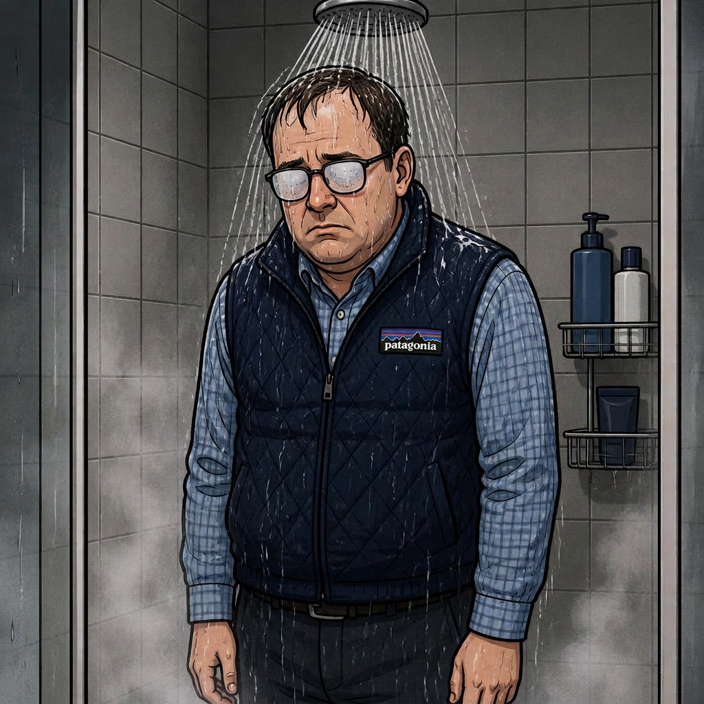 Cartoon banker showering fully clothed in his fleece vest