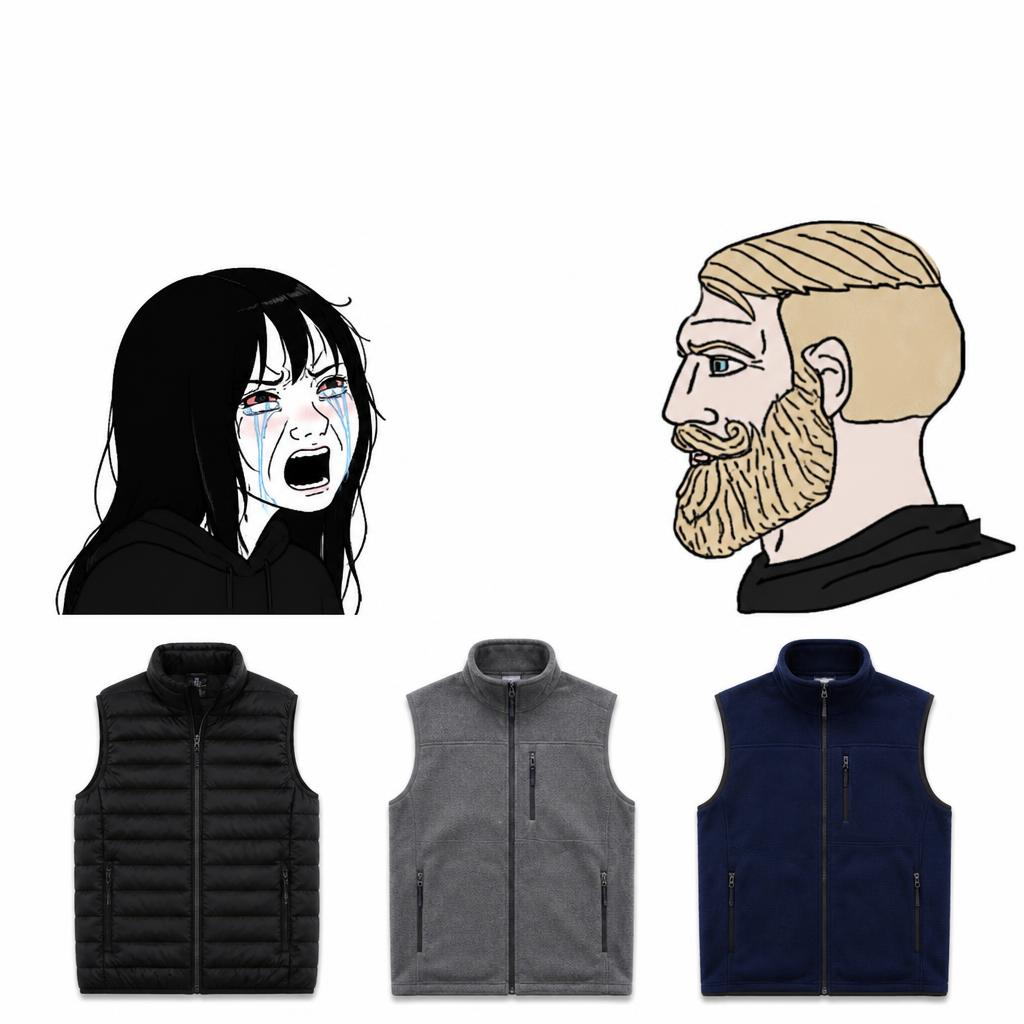 Crying girl and gigachad meme with three fleece vests